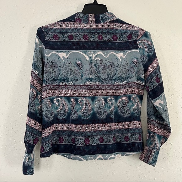 🦋 Victoria Soie 100% Silk Blue Purple Striped Blouse Medium Vintage Casual - Picture 3 of 7